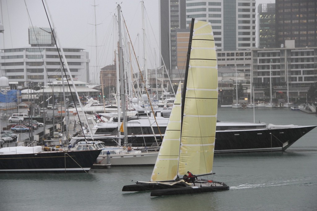 Emirates Team NZ’s SL-33 leaves the team’s base in the Viaduct harbour © Richard Gladwell www.photosport.co.nz